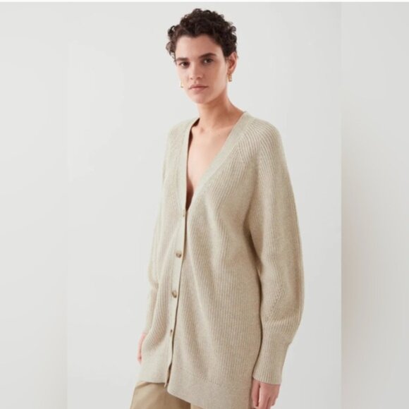 COS Cotton Oversized Long Ribbed Knit Cardigan, Long Sleeve, Cream, Size M - Picture 1 of 13